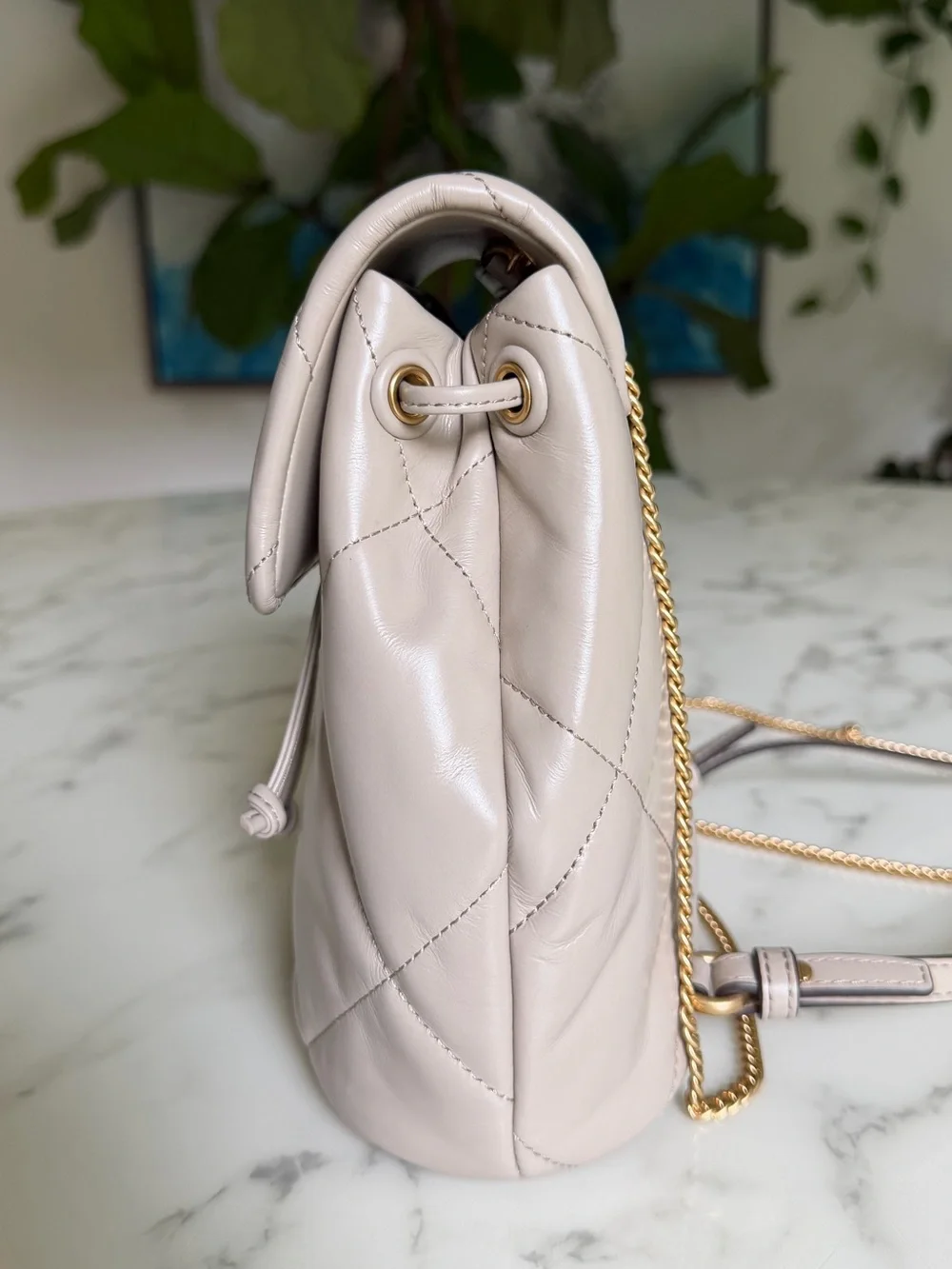 Tory Burch Mini Kira Diamond Quilt Backpack Light Stone Leather